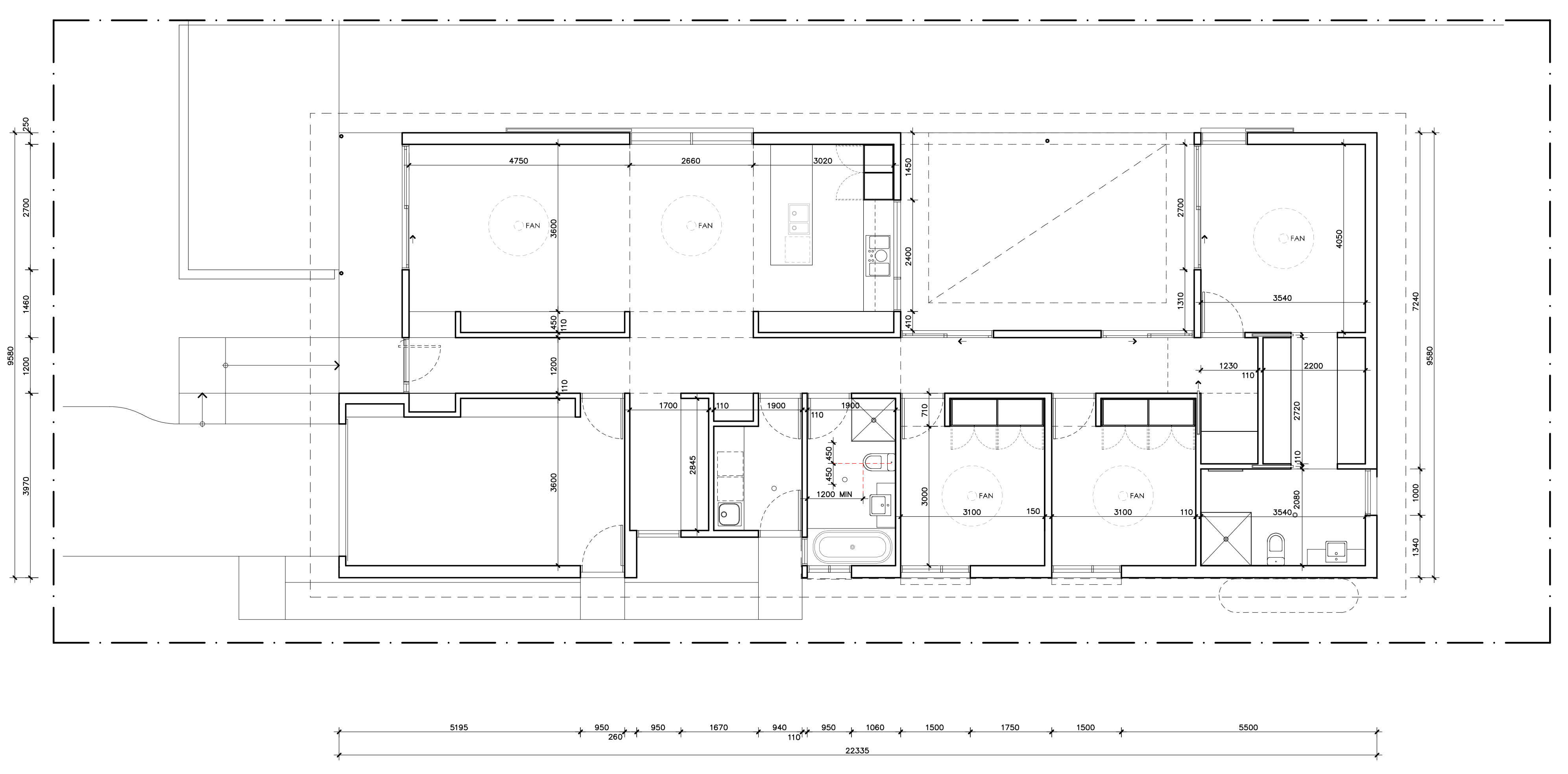 22.3m x 9.6m Plan by shea.odonoghue, 3 bedroom 2 bathroom 1 car single storey passive solar house plan, 22.3m x 9.6m - Plan